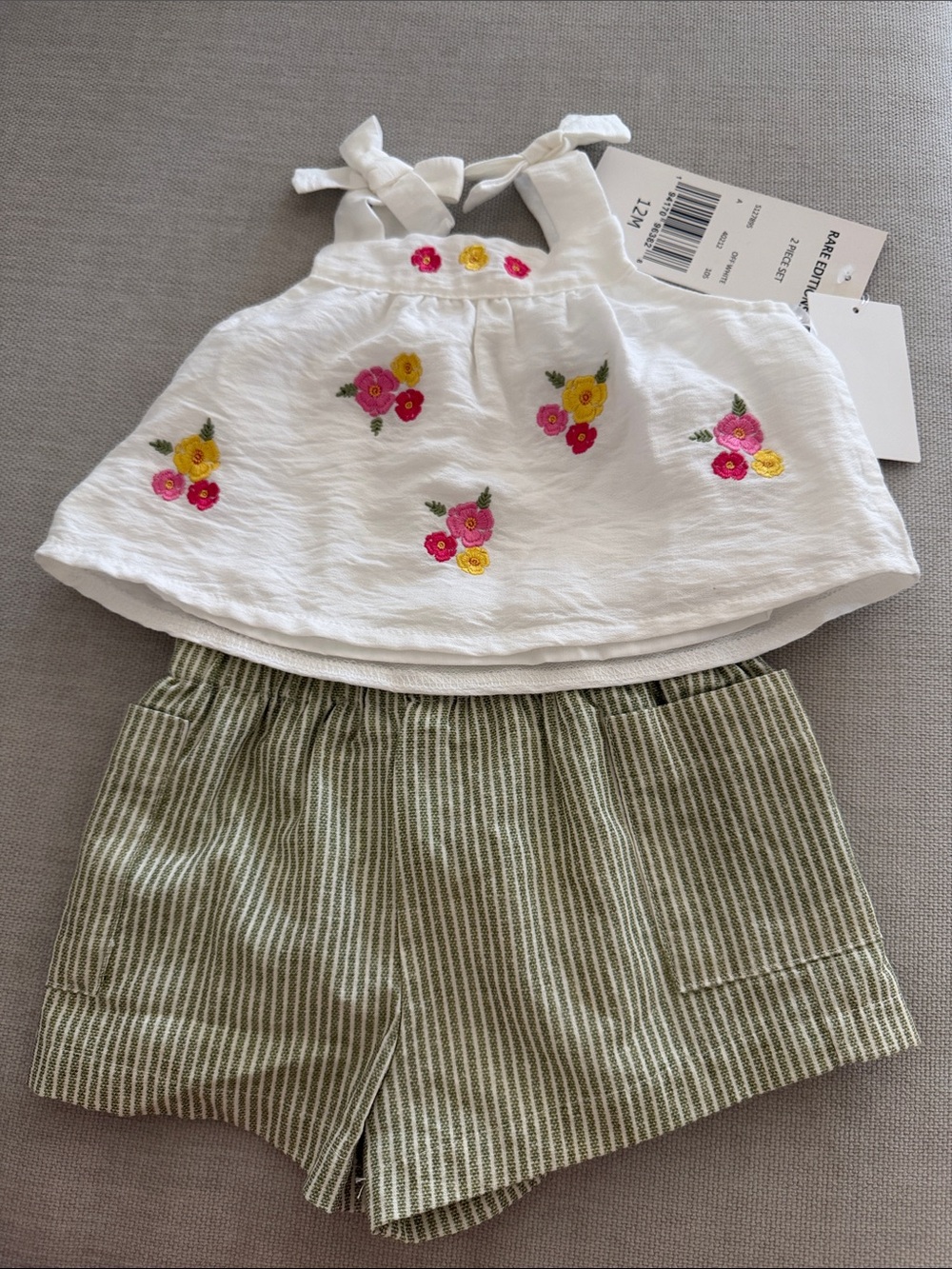 Rare Editions White Floral Embroidered Tank & Green Stripe Shorts Set